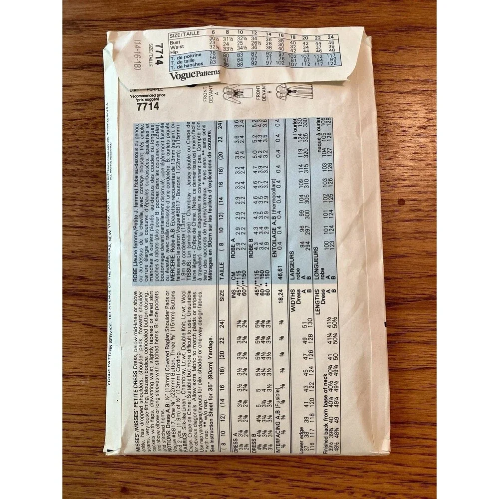 Very Easy Very Vogue Sewing Pattern 7714 Misses' Petite Dress Size 14-16-18 1990